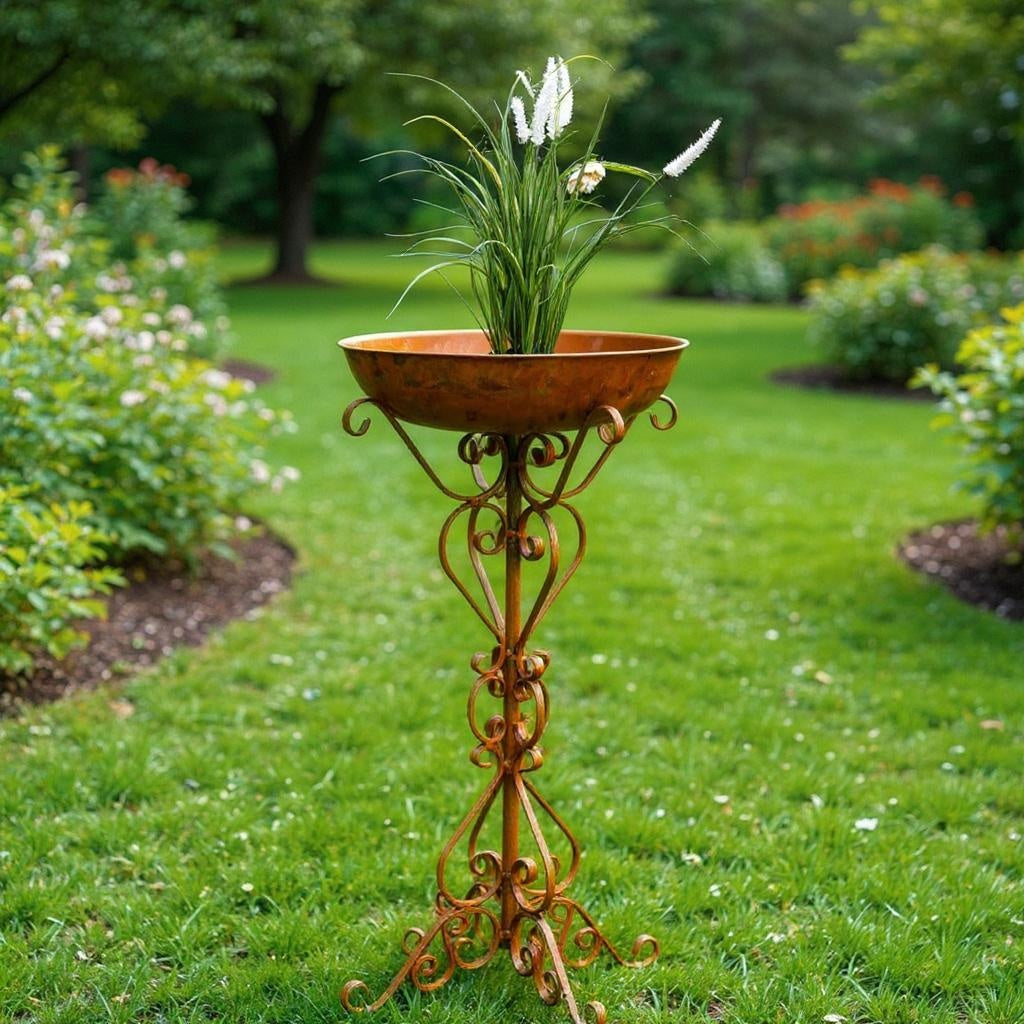 Blumenständer „Elegant” mit Schale – Handgefertigte Rostdeko aus Metall