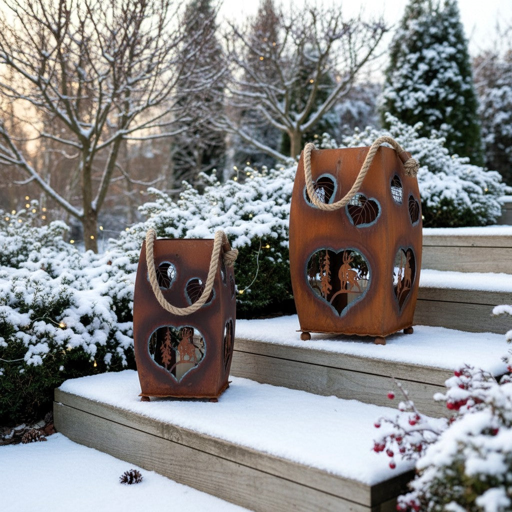 Laterne Herz „Hirsch und Tanne” – winterliche Rost-Deko aus Metall